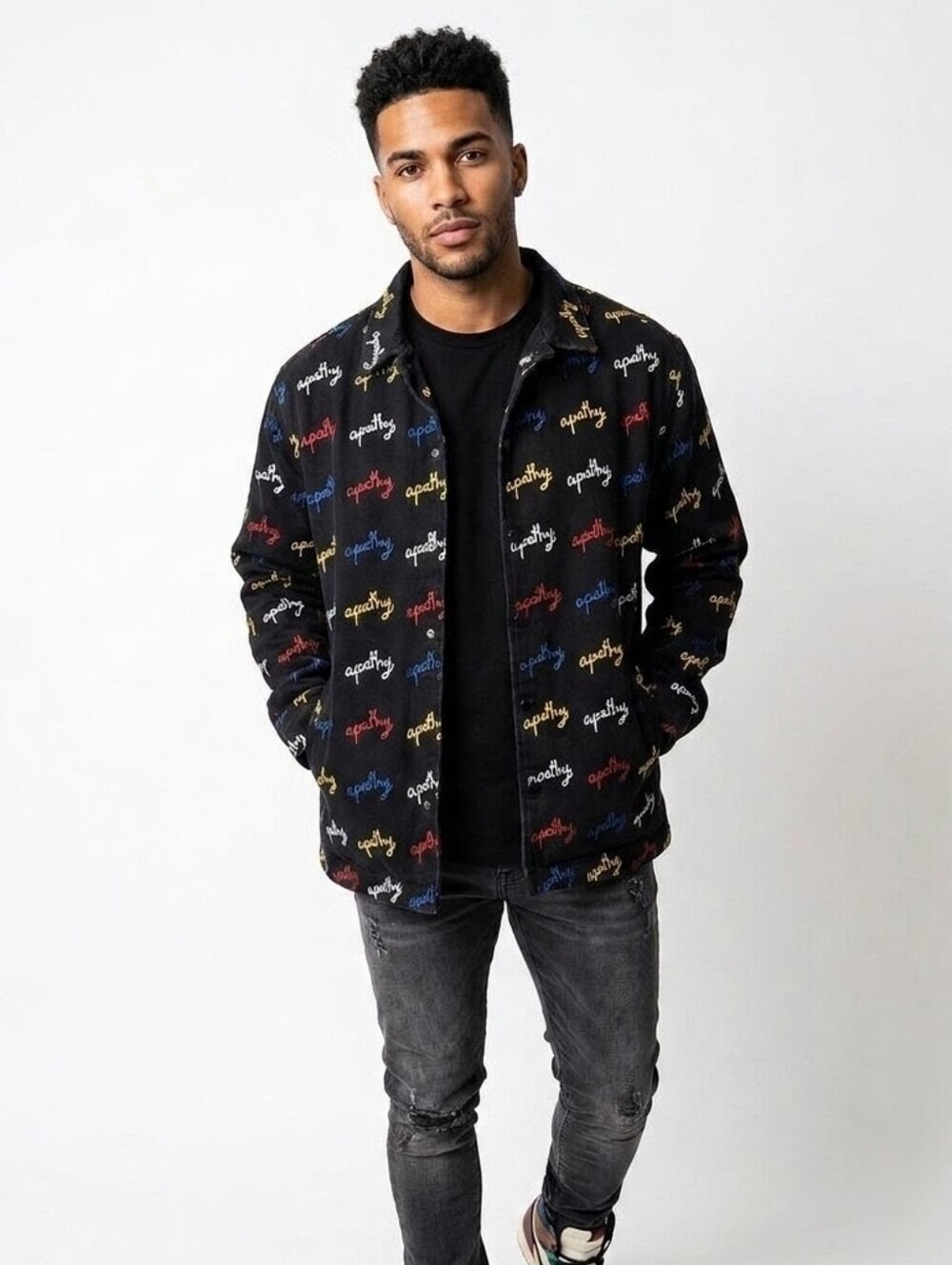 Apathy Streetwear Script All-Over Print Black Denim Shirt Jacket - Small